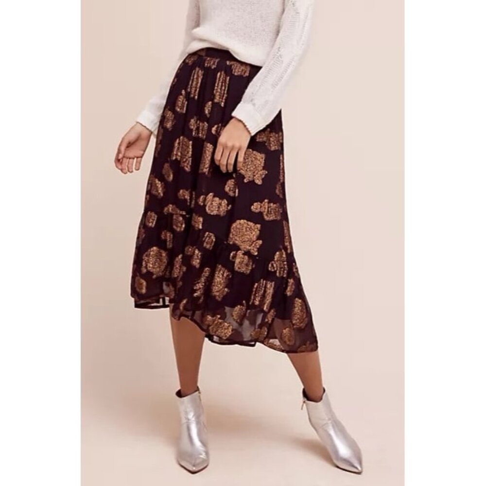 Anthropologie Sheer Skirt Copper Metallic Floral Size 12